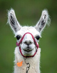 Fototapeta premium Close-up shot of a white llama with a red halter
