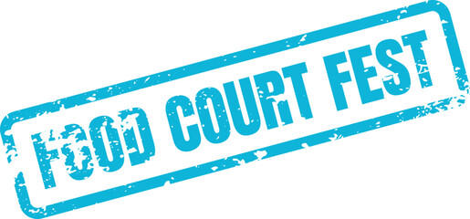 Food Court Fest grunge blue rectangle badge for culinary event promotion and casual dining announcements