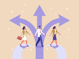 Business people walking on diverging paths representing career choices and future direction