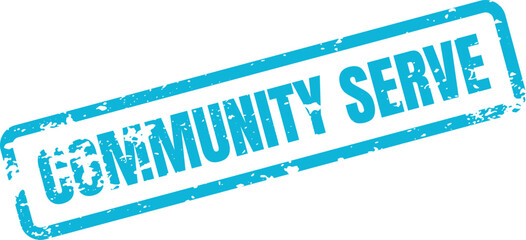 A vibrant blue distressed rubber stamp highlights a dedicated community serve initiative, perfect for promotion