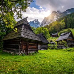 Obraz premium Rustic wooden huts nestled in a sunlit green meadow, mountains in the background