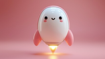 Cute 3D Cartoon Rocket Character with Smile and Pink Pastel Background