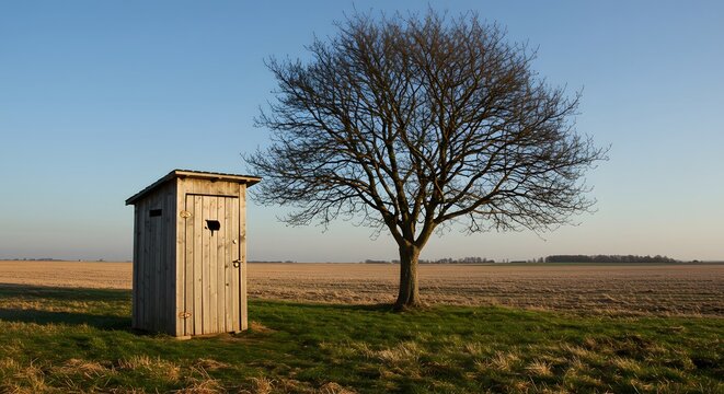 Rustic wooden outhouse stands beside a bare tree in a field under a clear blue sky