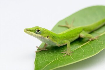 Fototapeta premium A captivating close-up showcases a vivid green lizard resting gracefully on a fresh, textured green leaf against a pristine white background. This detailed studio shot beautifully highlights the repti
