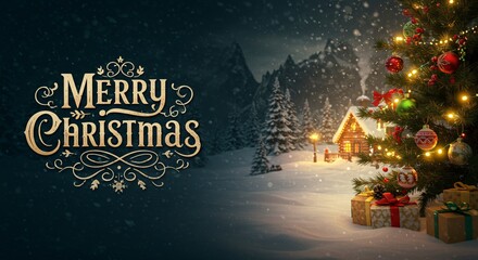 Merry Christmas Snowy Cabin Scene With Decorated Tree And Festive Gifts Background