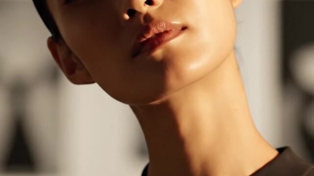Closeup of a young womans face and neck with natural light and shadows.