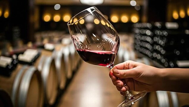 Hand holding a glass of red wine in a cellar with barrels. - Powered by Adobe