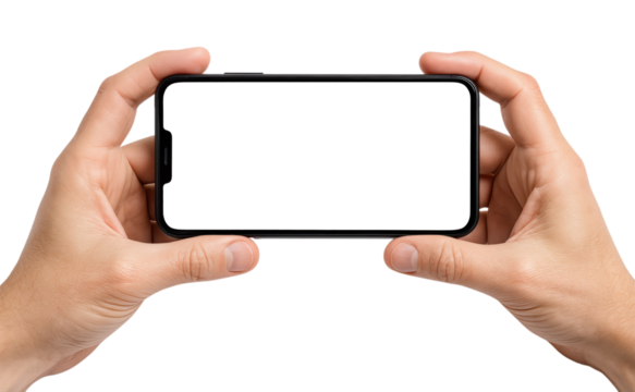 Man's hands holding a modern black smartphone horizontally with a blank white screen for mockup, Isolated on Transparent and White Background