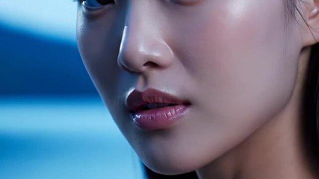 Closeup of a young womans face with glowing skin and glossy lips in a blue light setting.