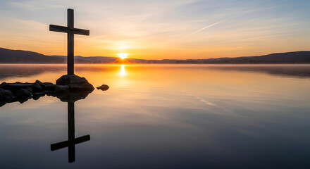 Religious Christian cross sunrise reflection on calm lake water, copy space