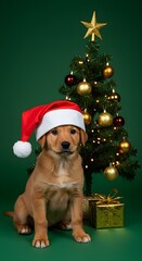 Adorable puppy wearing a Santa hat sits next to a decorated Christmas tree with a gold star and a wrapped gift.