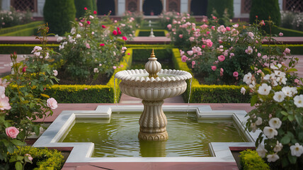 Watercolor artwork of Mughal-style palace garden with fountains and arches

