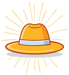 Illustration of a cartoon sunhat with white band and rays of light emanating from the object