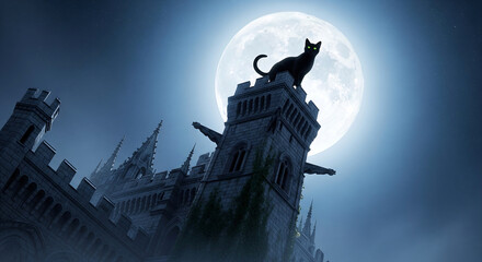 Fototapeta premium Mysterious black cat familiar watches over a spooky gothic castle under the enchanting light of a full moon, copy space