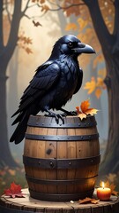 A dark, sleek crow sits atop a barrel amidst autumnal foliage