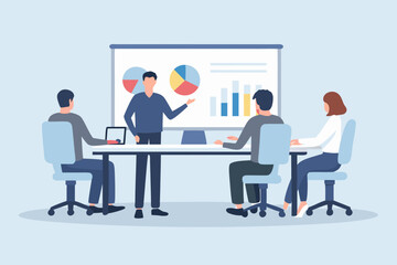 Business meeting with presentation showing charts and graphs on a screen with team members collaborating