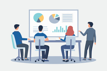 Diverse team collaborating in a modern office meeting discussing charts and graphs on a presentation screen