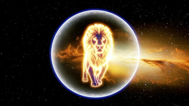 A fiery lion emblem burns inside an energy sphere against a cosmic backdrop, mane of light radiates motion and power, astrological symbolism conveys regal strength, concept of zodiac sign leo