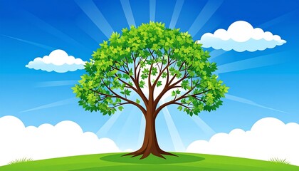A large, leafy tree stands on a hill, under a bright blue sky