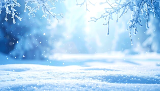 A serene winter scene with snow-covered branches and falling snowflakes