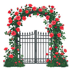 Pixel Art of Rose Archway with Black Iron Gate and Lush Green Foliage on White Background Detailed and Vibrant Garden Decor Charming and Romantic