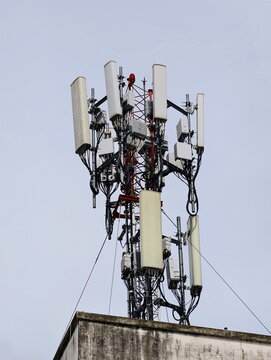Telecommunication tower of 4G and 5G cellular. Base Station or Base Transceiver Station. Wireless Communication Antenna Transmitter. Telecommunication tower with antennas