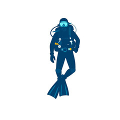 Pixelated Scuba Diver Illustration in Navy Blue on White Background Pixel Art Style Graphic of Diver with Gear and Fins Suitable for Icon or Design