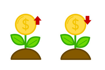 Flat Money Growth and Decline Icon Set &mdash; Colorful Financial Investment Vector Illustration Showing Economic Up and Down Trends, Profit and Loss, Savings and Business Concept Design