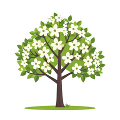 Blooming Tree with White Flowers and Green Leaves on Brown Trunk in Pixel Art Style with a White Background