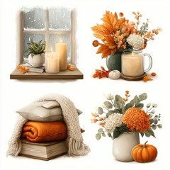 Cozy Autumn Still Life Arrangements With Candles Leaves Flowers Pumpkin And Warm Blanket