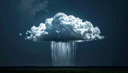 A solitary cumulus cloud releasing rain over a dark horizon