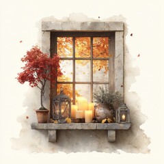 Cozy Autumn Window Scene With Burning Candles and Fall Foliage Visible Through Glass