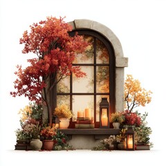 Cozy Autumn Window Scene With Glowing Candles And Colorful Fall Foliage