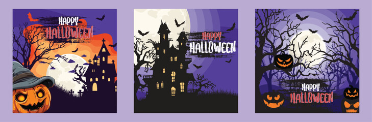 Halloween Vector Illustration with Pumpkin, Haunted House, and Bats.