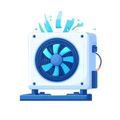 Blue and White Pixelated Cooling Fan with Water Droplets in Isolated White Background
