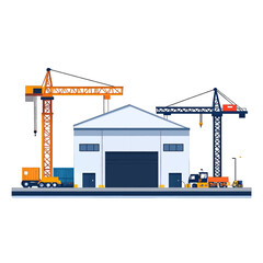 Industrial Construction Site with Cranes Building Structure in White and Blue with Detailed Pixel Art Style