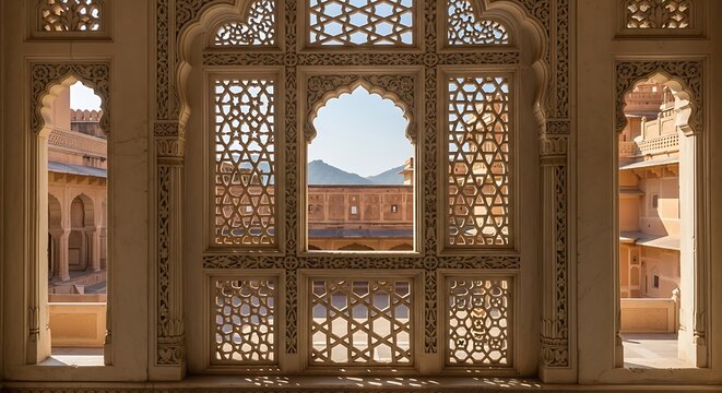 Intricate stone latticework windows overlooking a courtyard