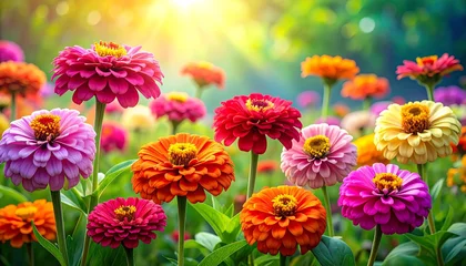 Fototapete Pflegezentrum A vibrant garden scene with colorful flowers and bright sunlight  © Guna