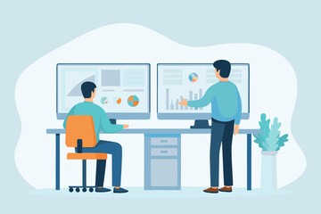 Two men analyzing financial data and charts on multiple computer screens in a modern office setting