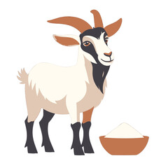 Smiling Goat in Neutral Background Cartoon Style Illustration Standing Near Bowl Of White Grain Brown Horns Black And White Patterned Head And Legs