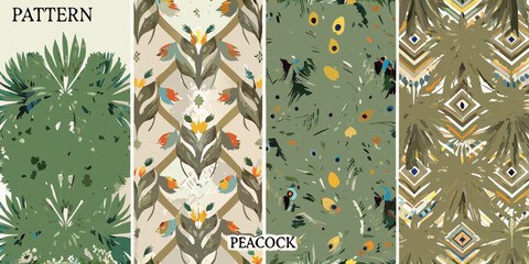 Collection of four diverse abstract nature inspired seamless patterns with floral and geometric elements