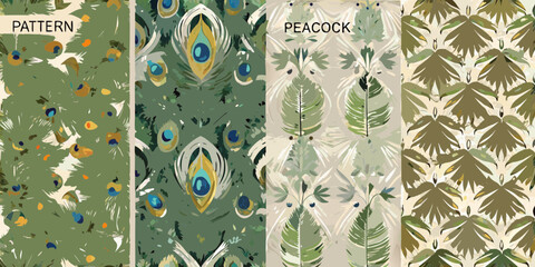 Collection of four seamless decorative patterns featuring peacock feathers and abstract leaf motifs in green tones