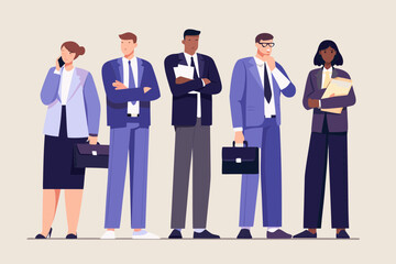 Diverse group of business professionals standing together in professional attire with briefcases and documents