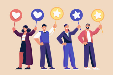 Diverse group of people holding signs with hearts and stars representing ratings and feedback