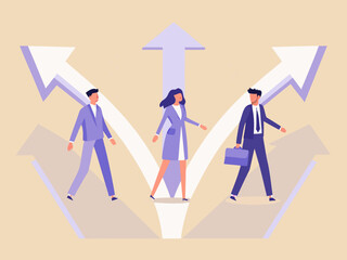 Business people walking on diverging paths representing different career choices and future directions