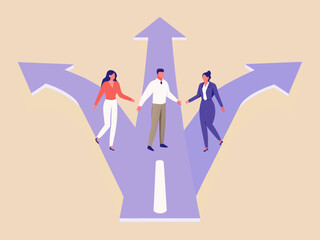 Diverse business people stand at a crossroads facing different paths and making choices for their future