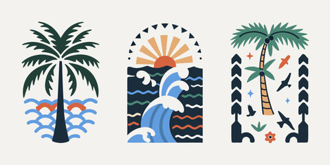 Tropical beach scenes with palm trees ocean waves and sun in a modern flat design style