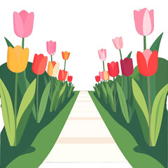 Tulip Garden Path Illustration with Pink Red and Yellow Flowers on Green Background and White Path in Cartoon Style