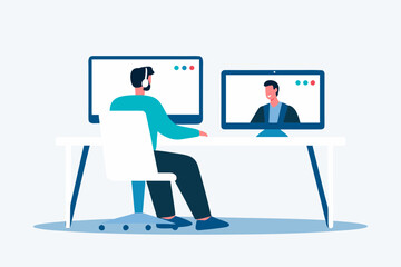 Man wearing headphones participates in a video conference call on his computer screen
