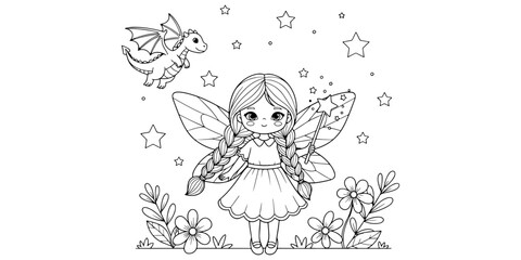 Monochrome Fairy and Dragon Coloring Page Art